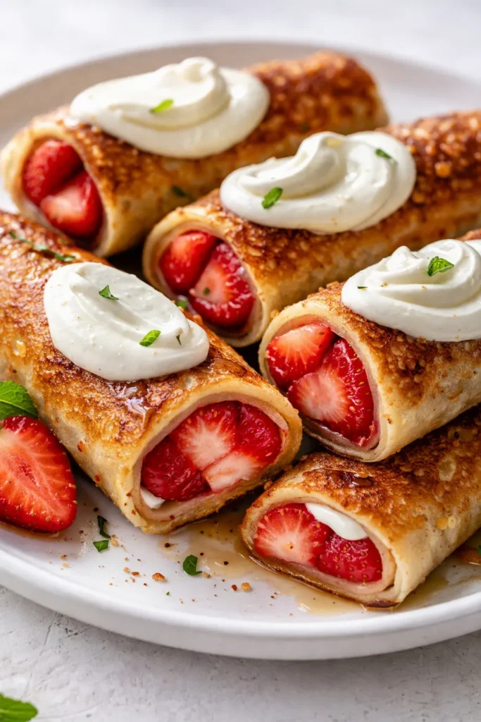 Golden crispy strawberry cream cheese stuffed pancake rolls topped with glossy strawberry sauce