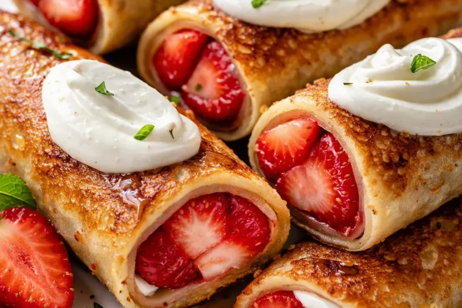 Golden crispy strawberry cream cheese stuffed pancake rolls topped with glossy strawberry sauce