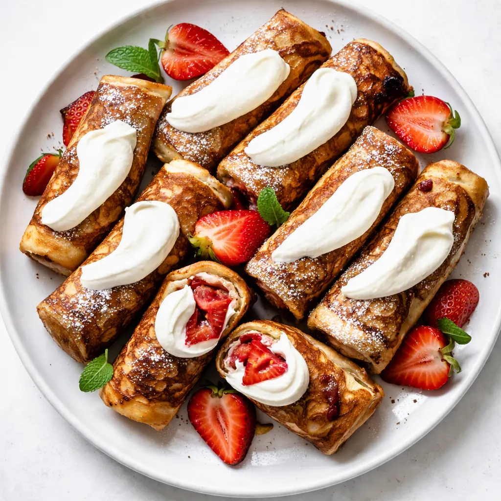 Golden crispy strawberry cream cheese stuffed pancake rolls with creamy filling and juicy berry bits