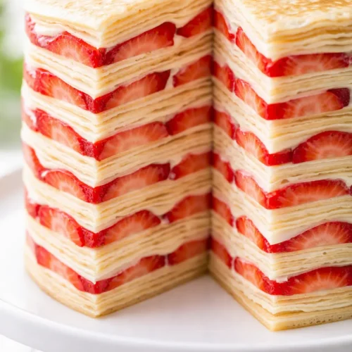 Strawberry crepe cake slice with feather-light crepes, silky white cream, and fresh red berries layered visibly.