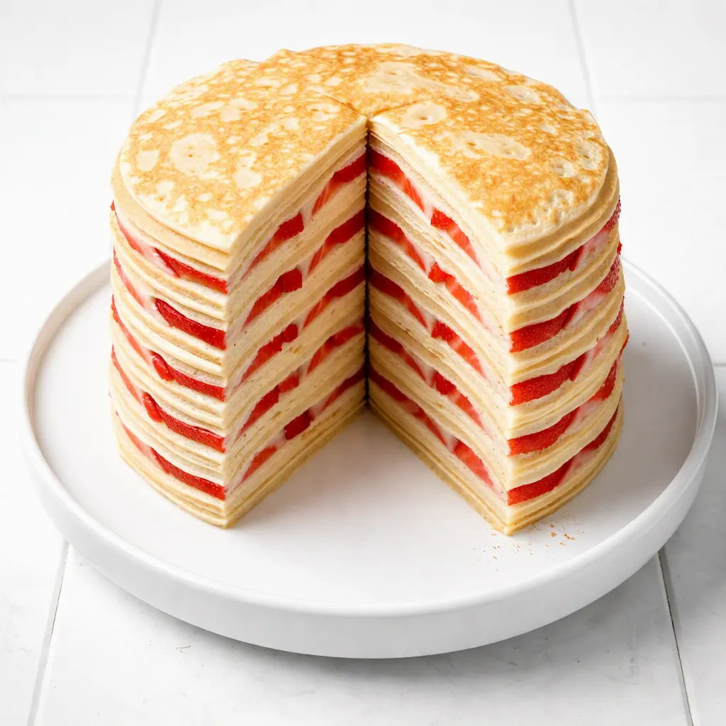 Feather-light strawberry crepe cake layers with silky cream and fresh strawberry slices