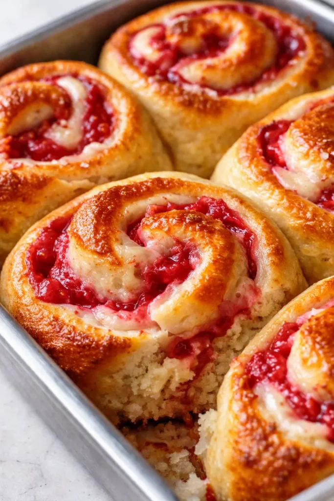 Soft gooey strawberry shortcake cheesecake rolls drizzled with strawberry glaze on a white plate