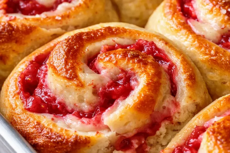 Soft gooey strawberry shortcake cheesecake rolls drizzled with strawberry glaze on a white plate