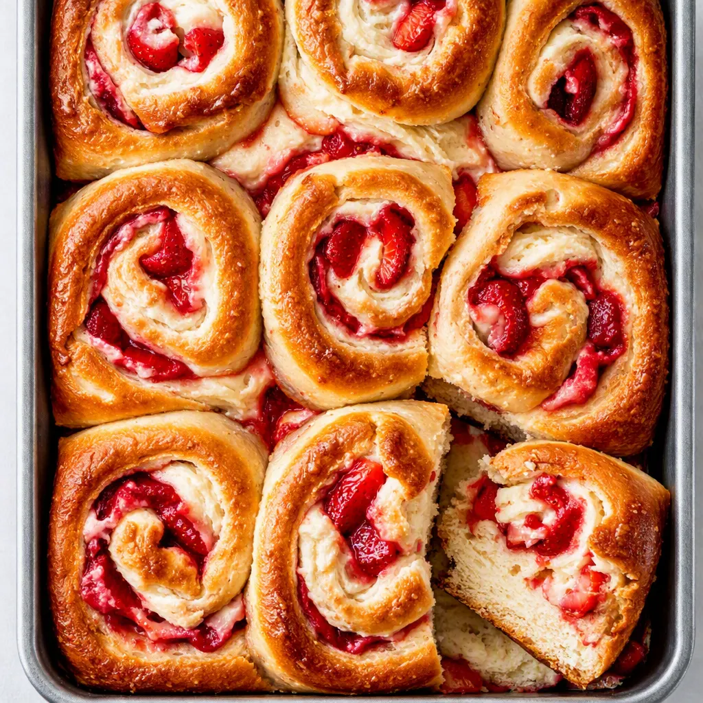 Spreading pink strawberry cheesecake filling onto dough for soft gooey Strawberry Shortcake Cheesecake Rolls