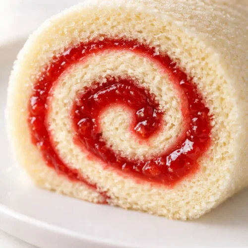 Strawberry Swiss roll with light sponge cake, creamy white filling, and vibrant red strawberry slices on top.