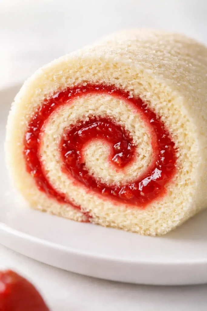 Strawberry Swiss roll with light sponge cake, creamy white filling, and vibrant red strawberry slices on top.
