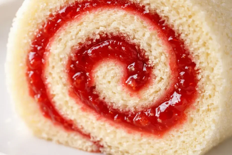 Strawberry Swiss roll with light sponge cake, creamy white filling, and vibrant red strawberry slices on top.