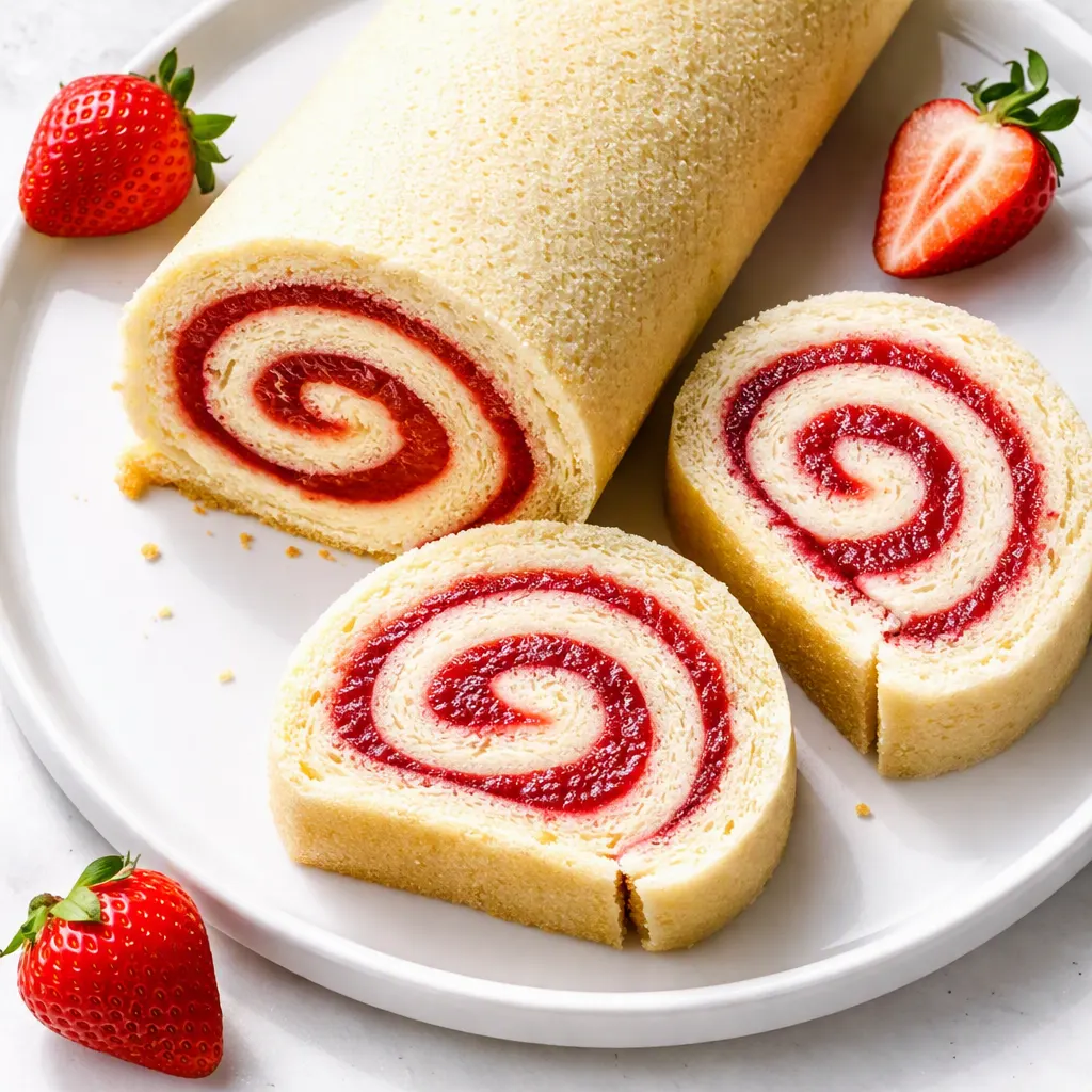 Soft strawberry Swiss roll cake being rolled with a spatula, smooth surface with no cracks, pink cream filling visible.