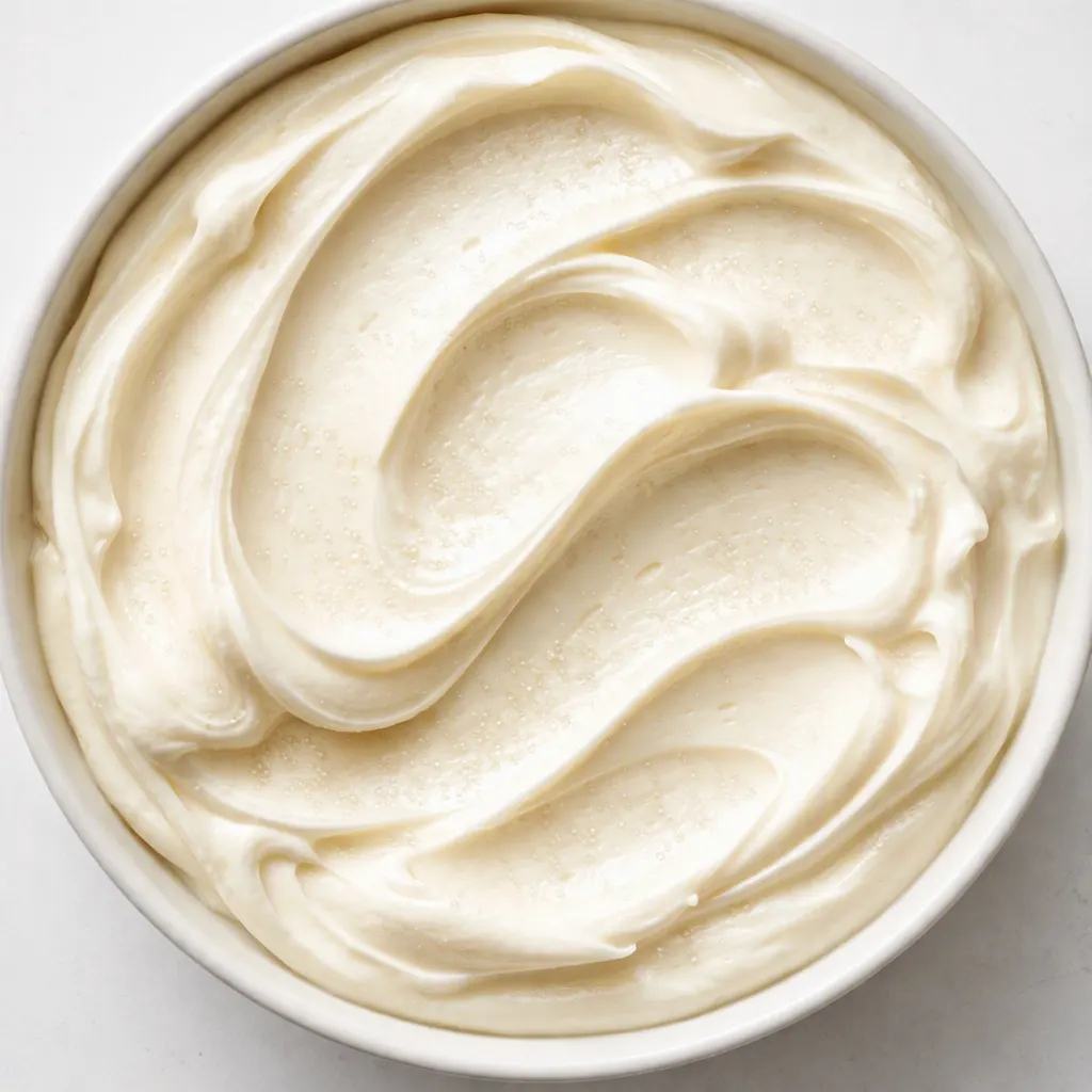 Whisking creamy mascarpone sweet crepe filling until smooth and fluffy, showing its soft ivory color and velvety texture